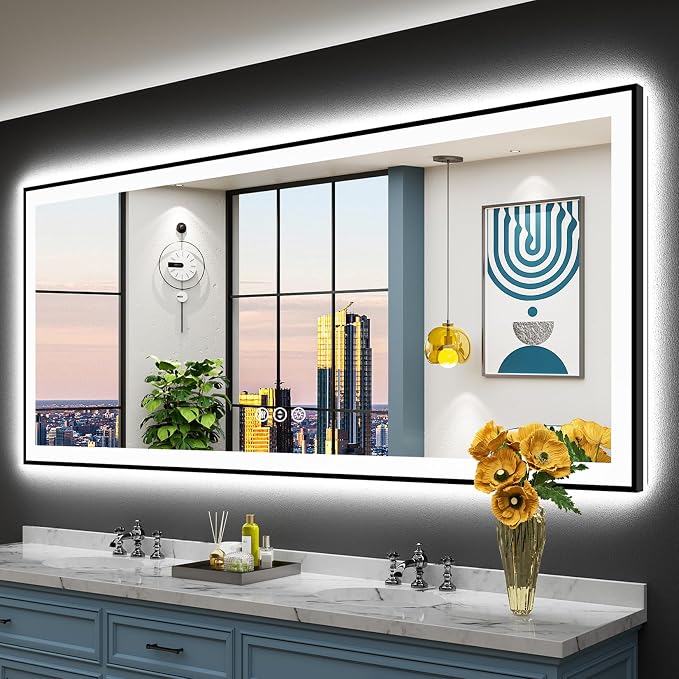 84x32 Black Framed LED Bathroom Mirror by Awandee