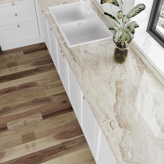 VEELIKE Glossy Beige Gold Marble Contact Paper - Image 2