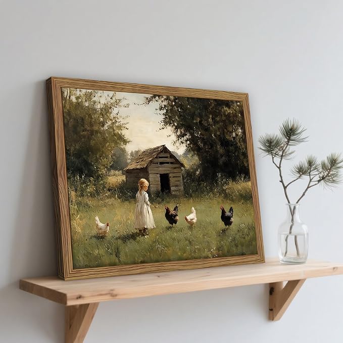 Vintage Country Framed Wall Art, Little Girl and Chick Canvas Prints, Rustic - Image 8