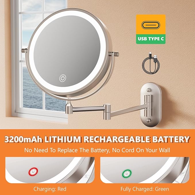 Auxmir 8'' Wall Mounted Lighted Makeup Mirror, 3200mAh Rechargeable - Image 5