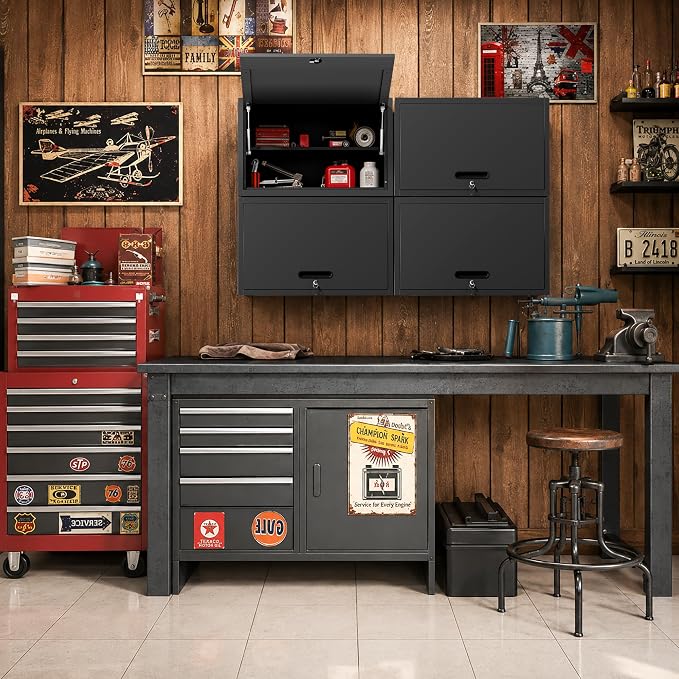 Garage Wall Cabinet with Flip-Up Door and Shelf, Lockable Metal Storage Cabinet - Image 5