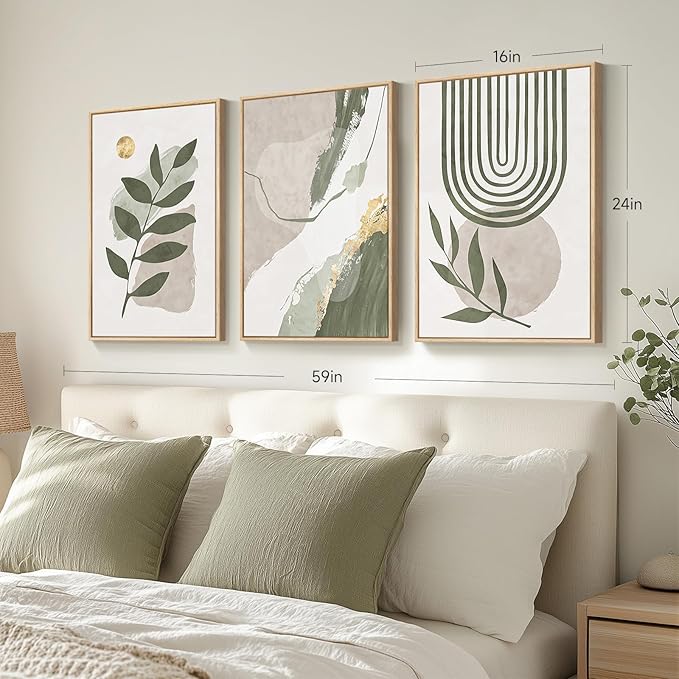 Large Framed Boho Sage Green Abstract Wall Art - Image 3