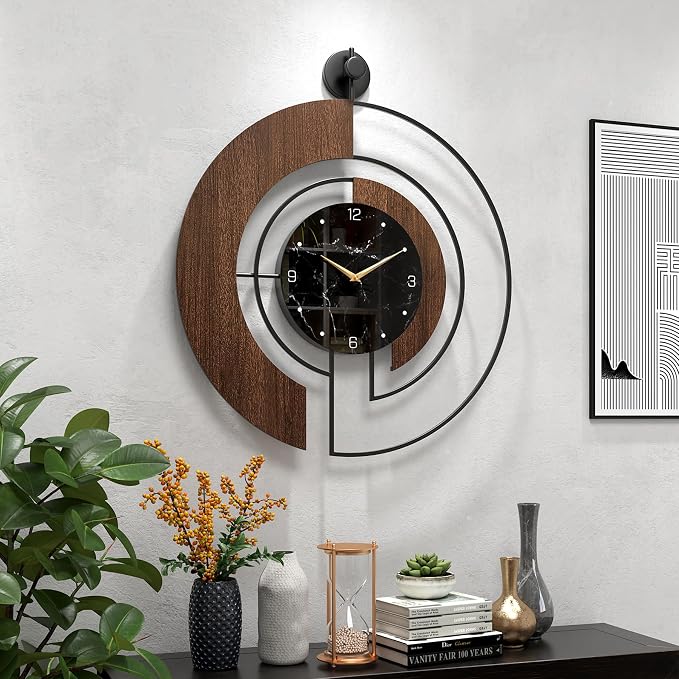 Modern Walnut Marble Dial Wall Clock, Large Wood Metal Frame Silent Non Ticking by VIVIFLYSE