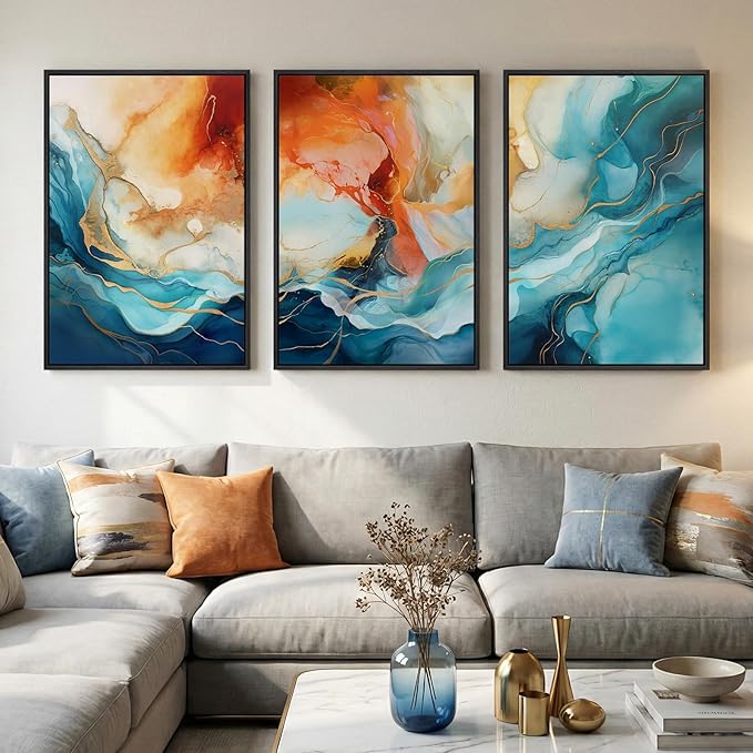 Large Framed Blue and Orange Abstract Wall Art by Cuspin