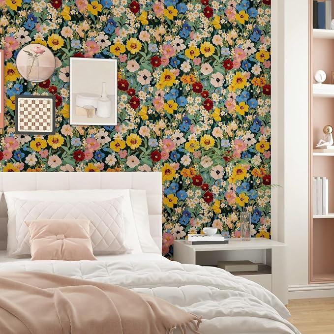 BOKEBEVE Watercolour Floral Peel and Stick Wallpaper Colorful Boho Contact - Image 4