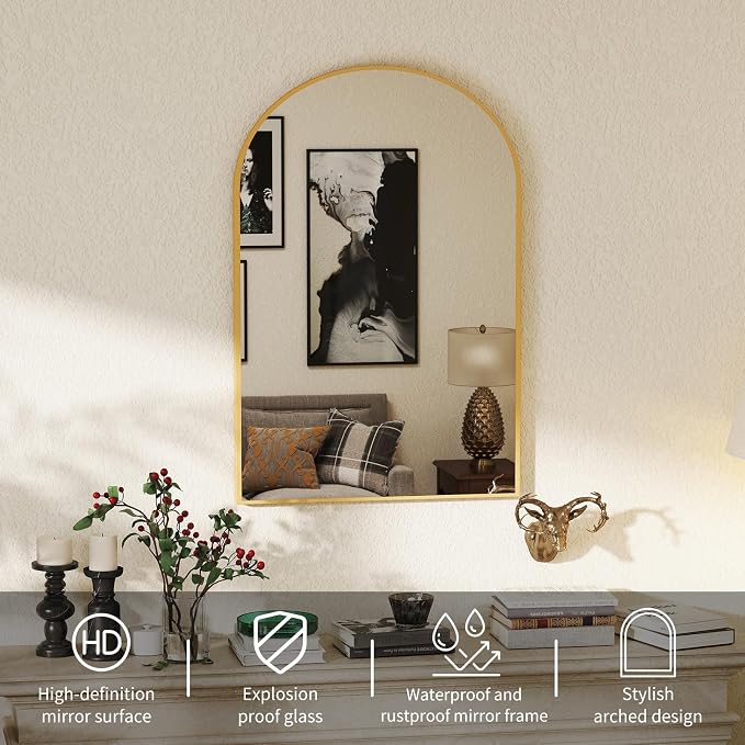 DUMOS Gold Metal Arch Vanity Rounded Rectangle Bathroom Mirrors - Image 2