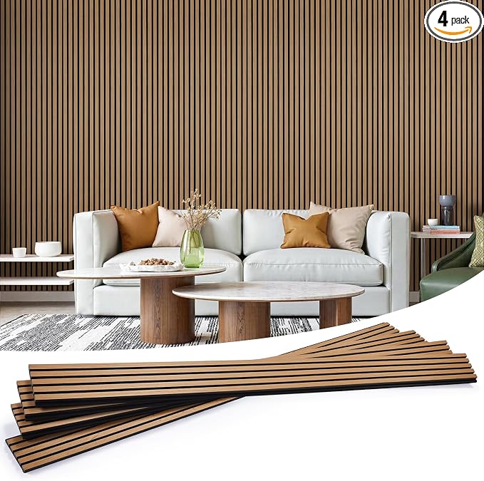 Wood Slat Wall Panels 4 Pack 94.5" x 7.9", Acoustic Wooden Panel by LARWORKS
