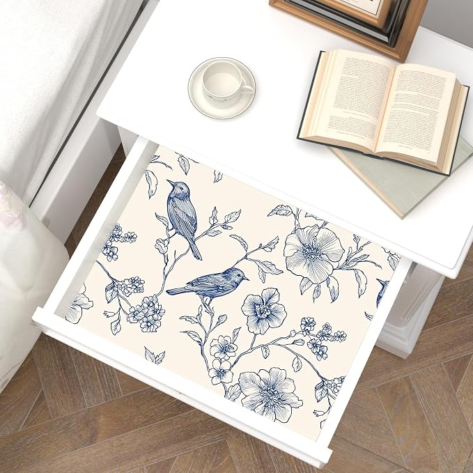 Beige Wallpaper Peel and Stick Blue Floral Bird Vintage Contact Paper 17.5" x - Image 4