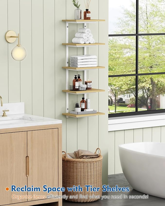 Harwaya White and Natural Tiered Wall Shelf Unit, 5 Tier Display Floating - Image 3