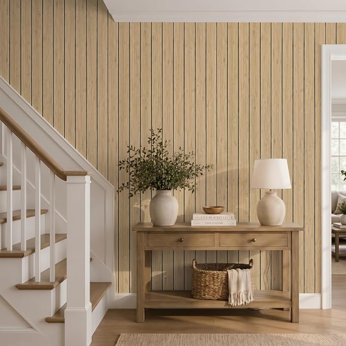 VEELIKE Tan Birch Slat Wall Panels Peel and Stick 3D Wood Grain Wall Panel - Image 2