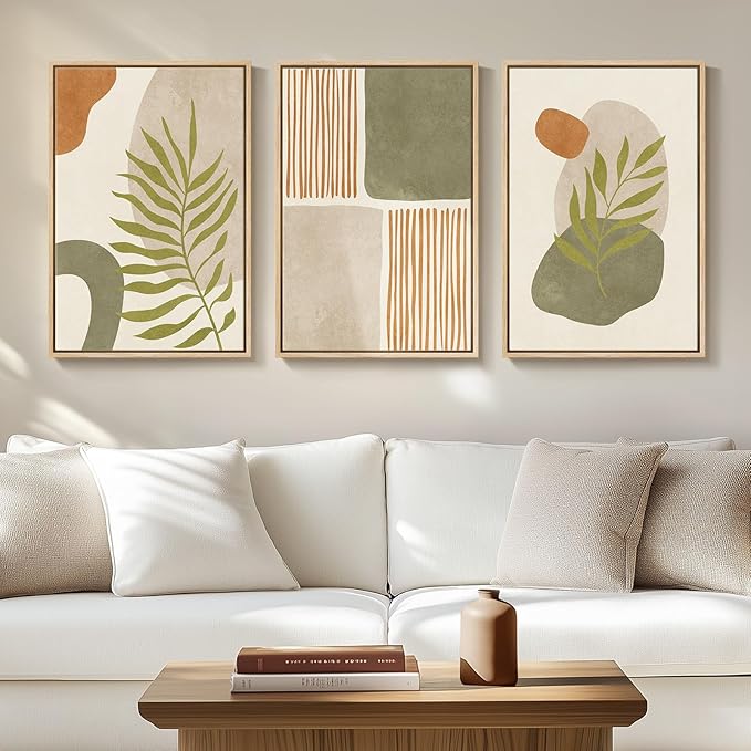 Framed Mid Century Modern Boho Wall Art Bedroom, 3 Piece Tropical Sage Green by Cuspin