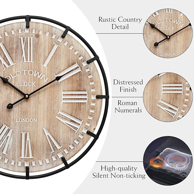 EMAX HOME 20 Inch Large Farmhouse Wall Clock, Rustic Antique Wood - Image 7