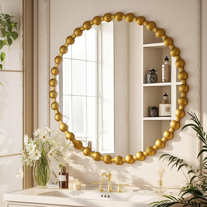 Easly Round Mirror for Wall, 32 Inch Gold Beaded Frame Decorative Vanity Mirror - Image 2
