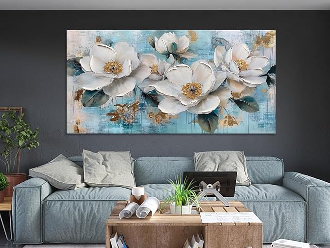 Ardemy Flower Wall Art for Living Room White Floral Canvas Art Wall Decor - Image 2