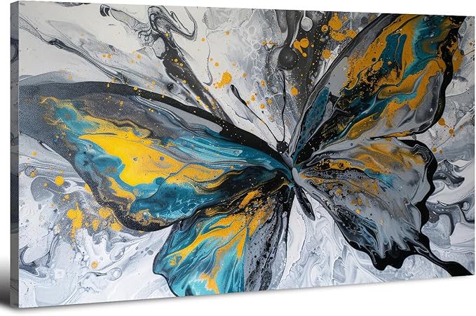 Abstract Butterfly Wall Art Teal Grey Yellow Butterfly Wall Decor Modern Marble by HOME
