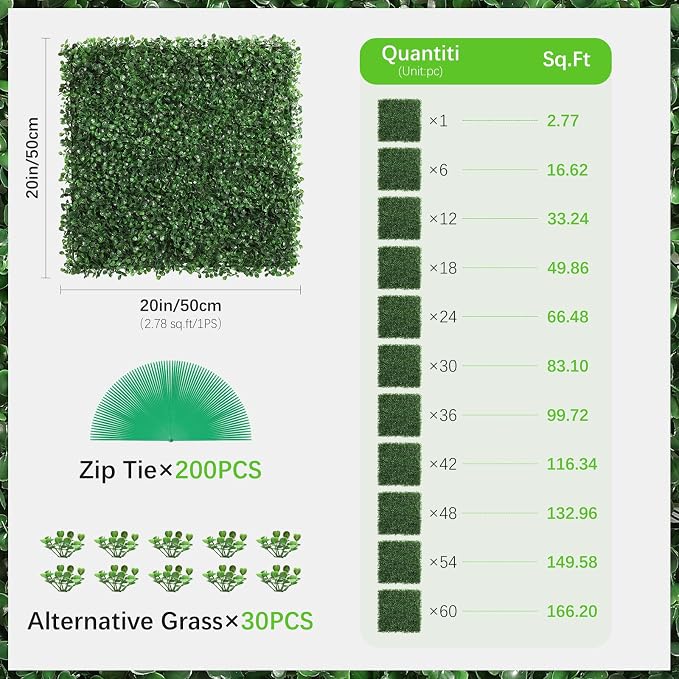 Luyue 24PCS 20”×20” Boxwood Panels, Artificial Grass Wall Panels Fake Greenery - Image 7