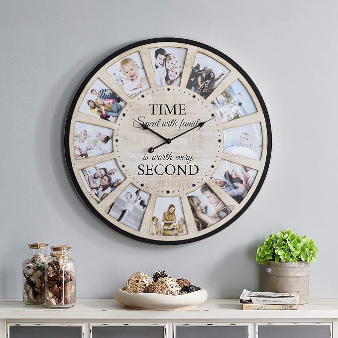 12 Photo Collage Rustic Wood Farmhouse Wall Clock, Large Family Picture Wall - Image 3