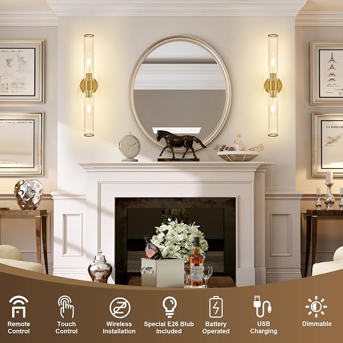 Morauroral Gold Battery Operated Wall Sconces Set of 2, Rechargeable Wall Lights - Image 2