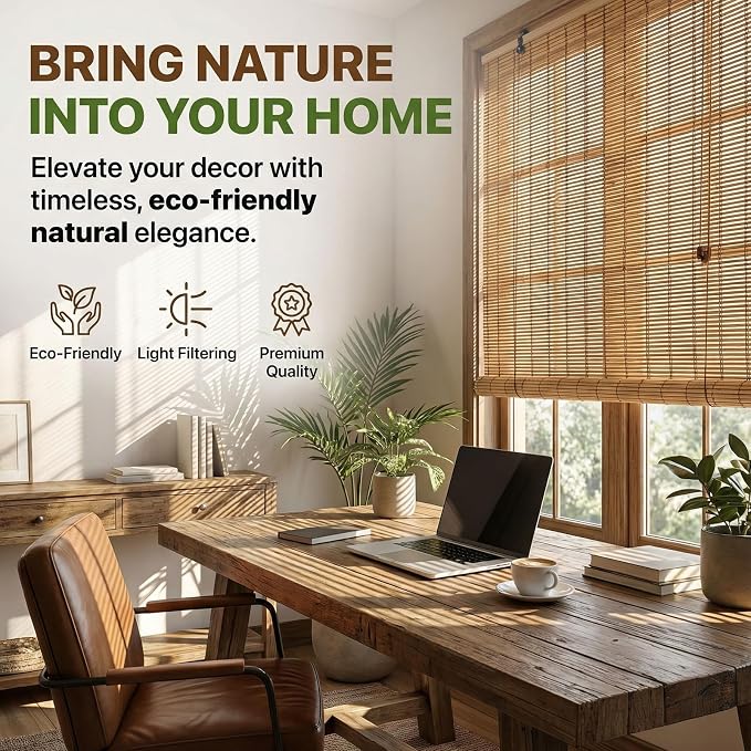 Glimer Bamboo Blinds for Interior Windows, Natural Roll Up Bamboo Shades for - Image 2