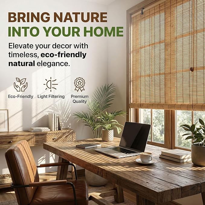 Glimer Bamboo Blinds for Interior Windows, Natural Roll Up Bamboo Shades for - Image 2