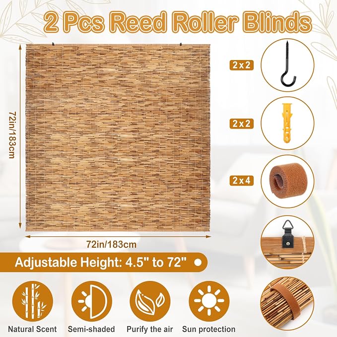 DoubleFill 2 Pcs Bamboo Shades Outdoor Reed Roll Up Blinds 72" W x 72" H - Image 2