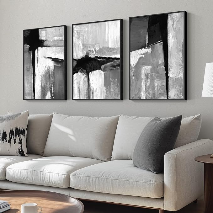 Framed Black and White Gray Modern Abstract Wall Art, Minimalist Art Prints - Image 2