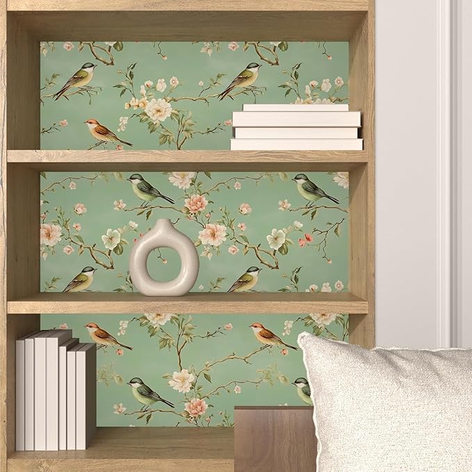 Laatse Green Floral Wallpaper Peel and Stick Bird Wallpaper Pink Flower Contact - Image 8