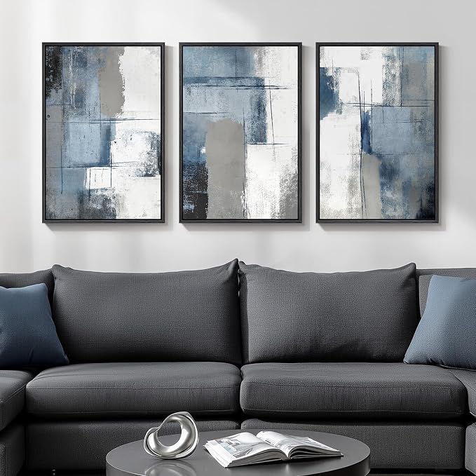 Framed Blue and Grey Abstract Wall Art, 3 Piece Modern Canvas Prints Paintings - Image 2