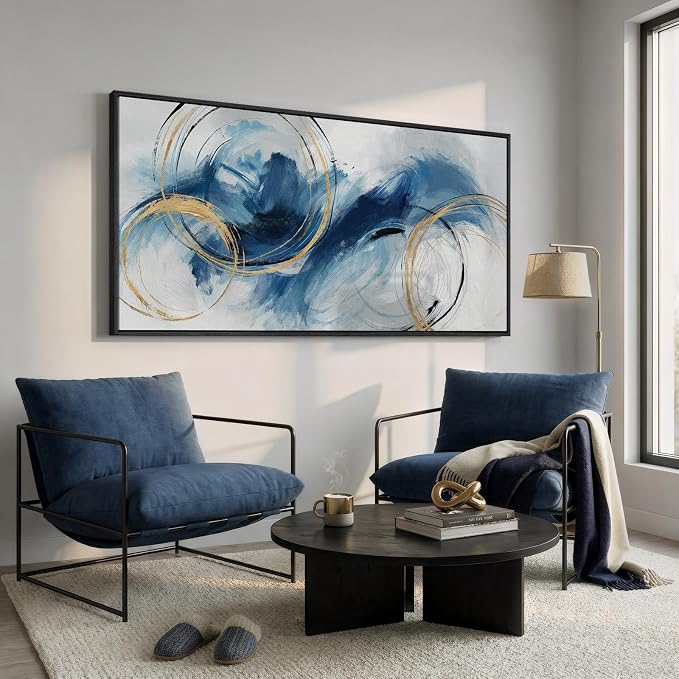 Extra Large Framed Navy Blue Abstract Canvas Wall Art - Image 2