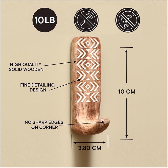 IndianShelf 10 LB- 6 Pieces Decorative Wood Adhesive Wall Hooks–Boho Peel and - Image 7