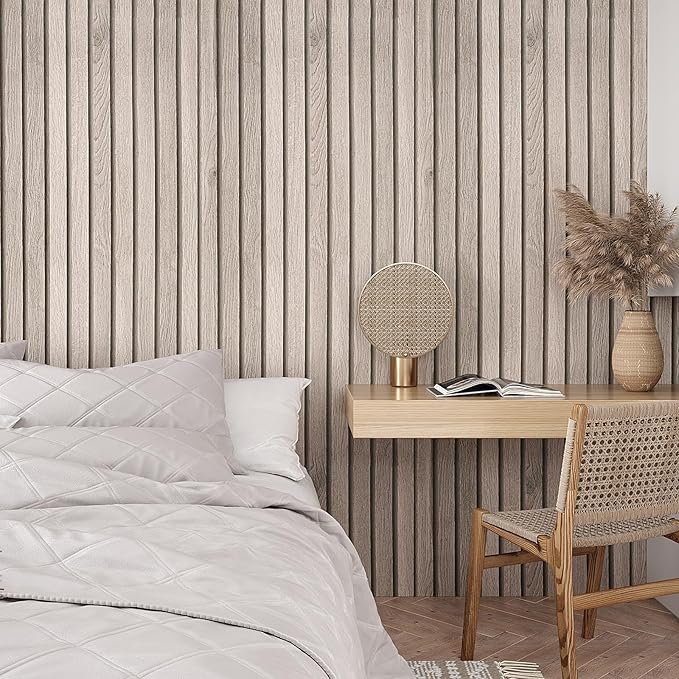 VEELIKE Grey Wooden Slats Peel and Stick Wallpaper Wood Contact Paper - Image 2