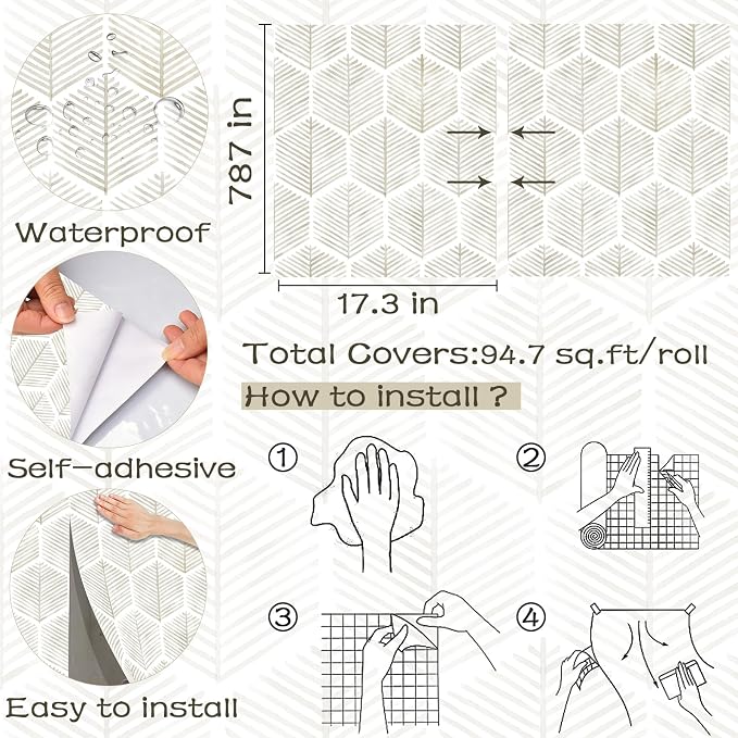 Modern Peel and Stick Wallpaper 17.3''×''787 Self Adhesive Wallpaper Boho - Image 3