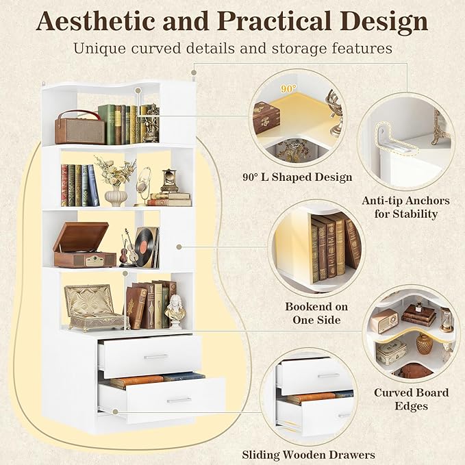 Armocity Corner Bookshelf with Drawers, 7 Tier Corner Book Shelf Display - Image 4