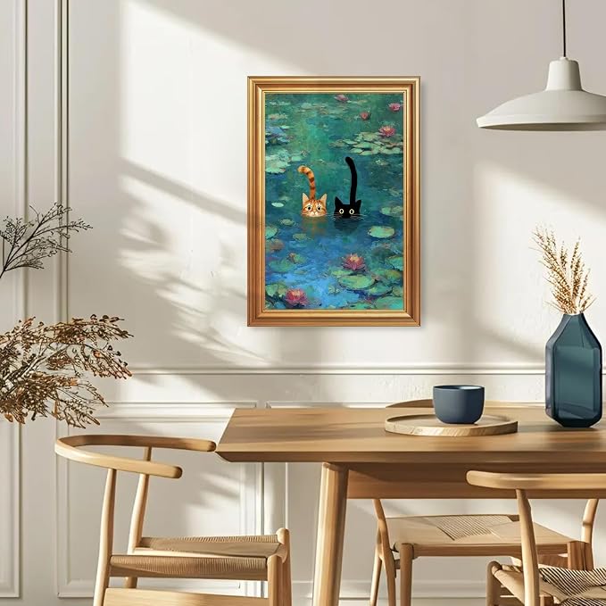 Fantasy Artists Gold Framed Wall Art Prints, Two Swimming Cats in Lotus Pond - Image 2