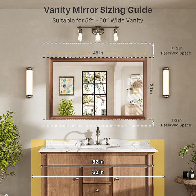 48x30 Inch Bathroom Mirror for Wall, Anti-Rust Walnut Wood Grain Metal Framed - Image 2
