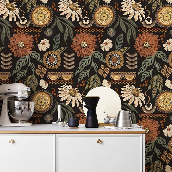 Simon&Siff Boho Peel and Stick Wallpaper, 17.3" x 1200" Sun Floral Retro - Image 5