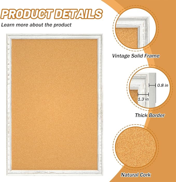 White Cork Board for Wall, 36 x 24 inches Decorative Bulletin Board, Rustic - Image 5