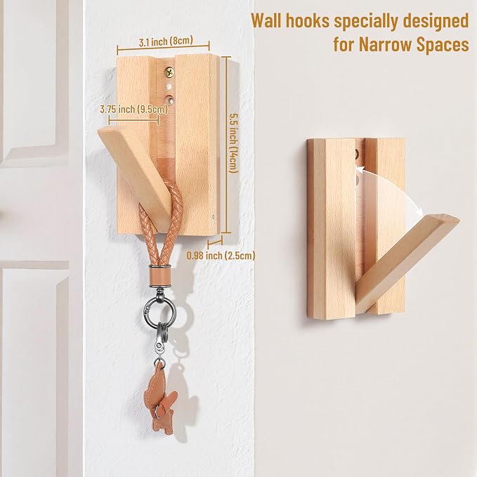 Wall Hooks for Small Space: Foldable Wooden Natural Coat Hooks 2Pack for - Image 2