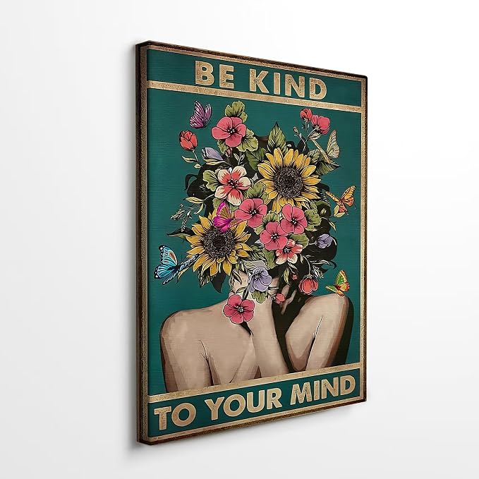 DIHSIEG Floral Canvas Wall Art Be Kind to Your Mind Vintage Poster Rimless by DIHSIEG