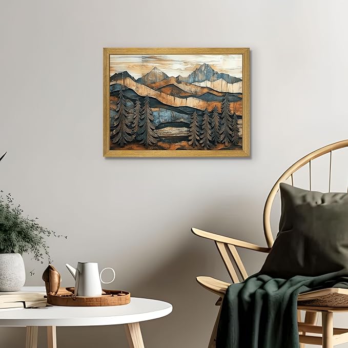 Vintage Boho Mountain Wall Art, Framed Landscape Canvas Wall Art, Nature Forest - Image 9