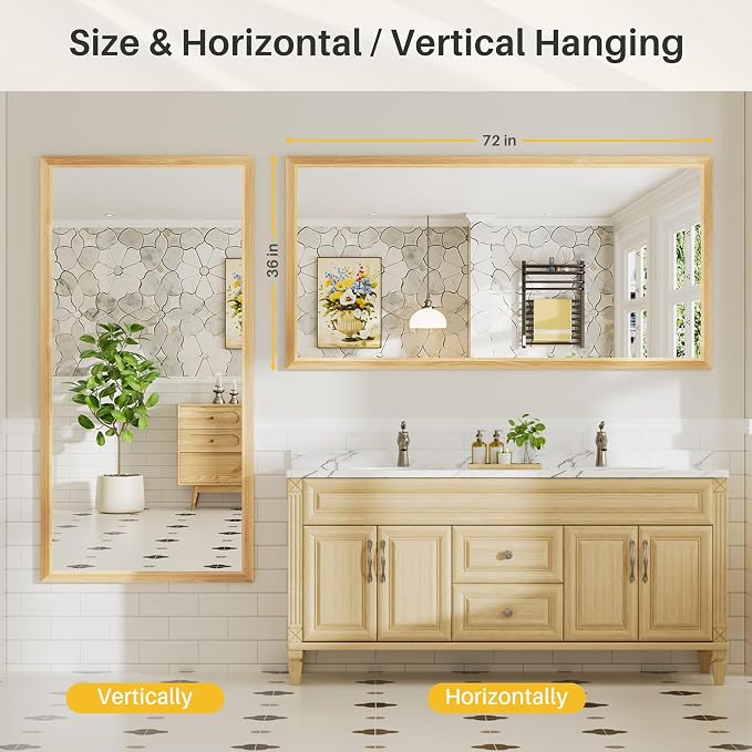 72x36 Inch Bathroom Mirror for Wall, Anti-Rust Oak Wood Grain Metal Framed - Image 6