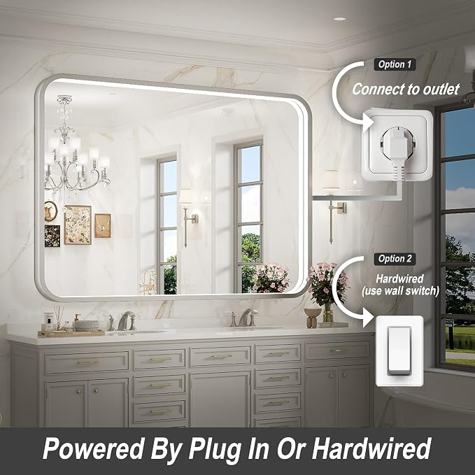40x30 Inch LED Mirror for Bathroom, Brushed Sliver Metal Frame Lighted Vanity - Image 5