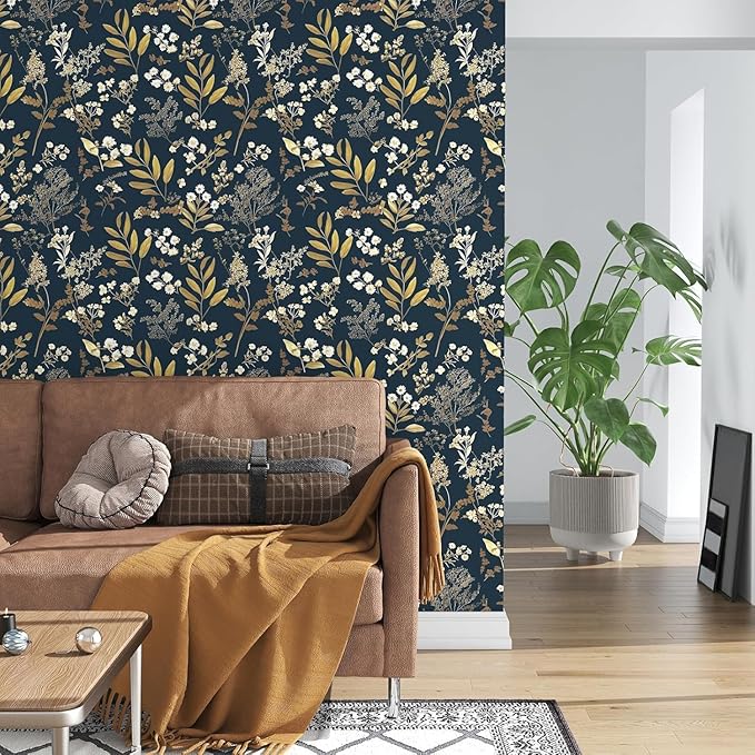 Dark Blue Leaf Wallpaper Peel and Stick Dark Blue Floral Wallpaper - Image 3