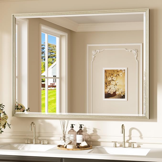 Keonjinn 48" x 36" Brushed Nickel Bathroom Vanity Mirror, Decorative Aluminum by Keonjinn