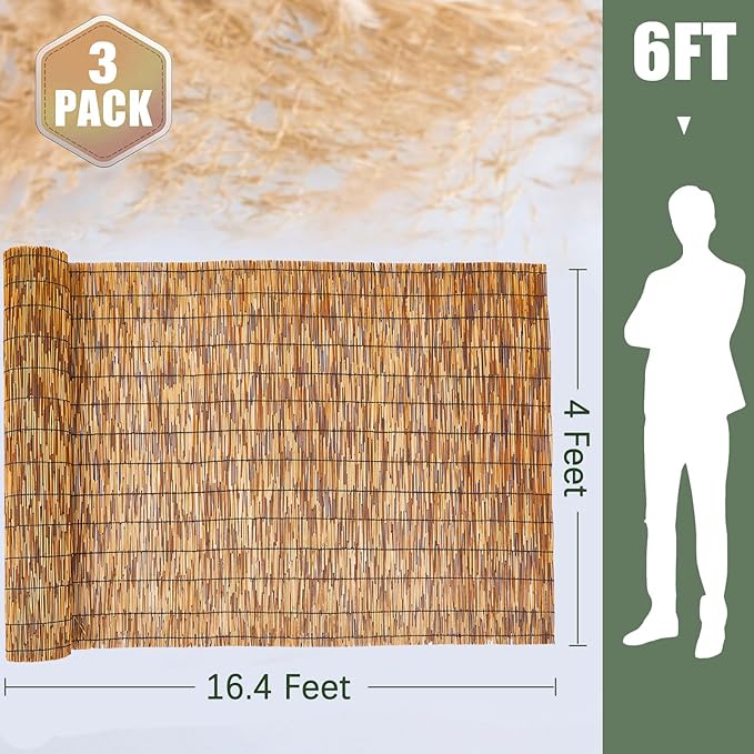 Barydat 3 Pcs 4 x 16.4 ft Reed Fence Roll, 85% Shade Bamboo Privacy Screen - Image 2