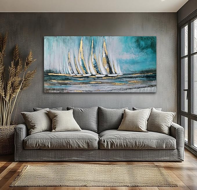 Anolyfi Blue Abstract Canvas Wall Art Teal Ocean Sailboat Picture Modern - Image 2