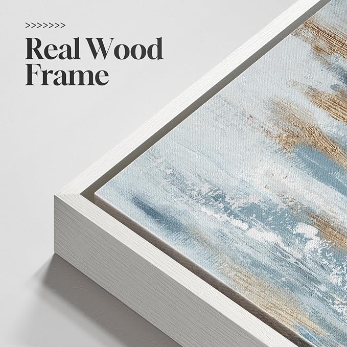 Large White Framed Blue and Gold Abstract Canvas Wall Art - Image 5