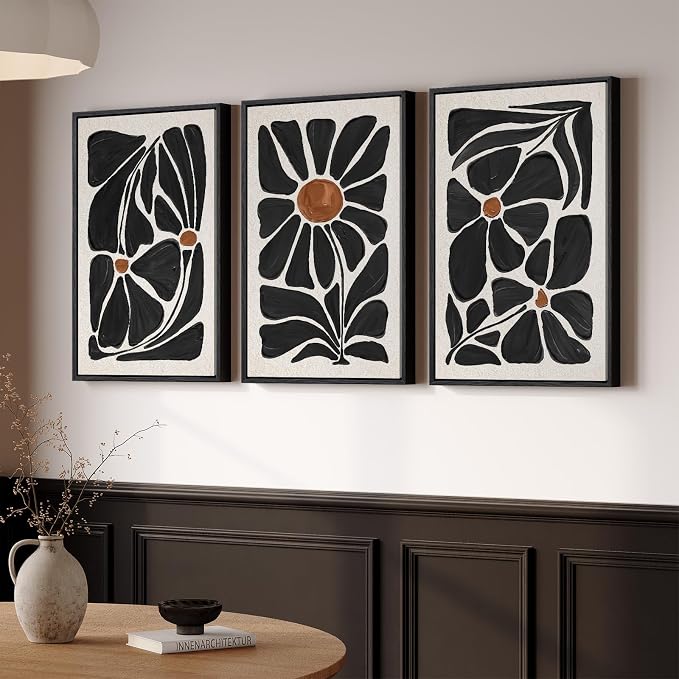 Large Framed Black and White Boho Floral Wall Art, 3 Piece Vintage Botanical by Cuspin