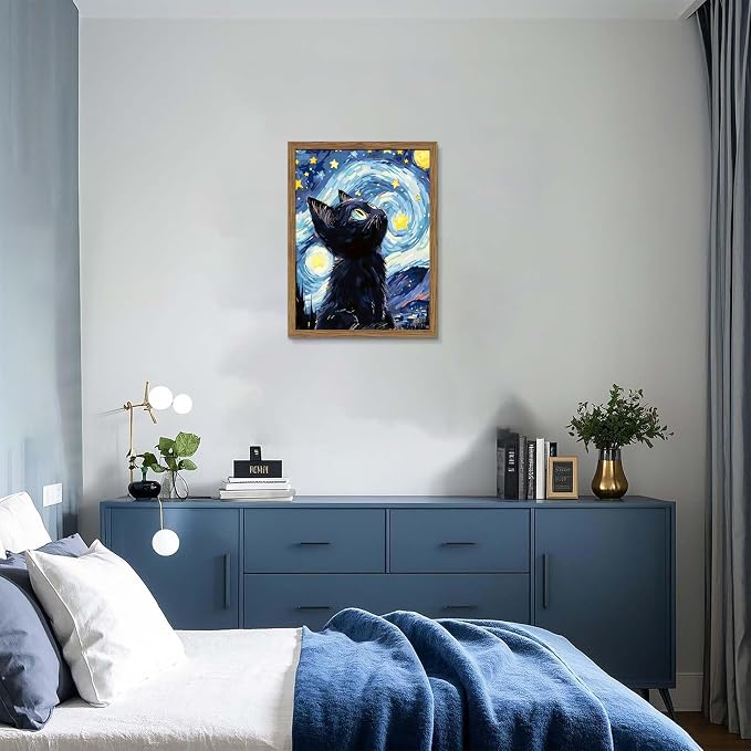 Framed Black Cat Wall Art, Van Gogh Starry Night Canvas Wall Decor, Cute Cat - Image 8