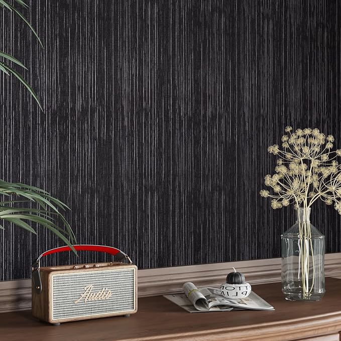 CRE8TIVE Black Grasscloth Wallpaper Peel and Stick Textured Black Wallpaper - Image 3